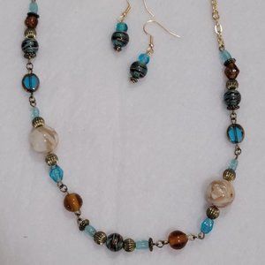 amber, cream and turquoise glass bead necklace and earrings